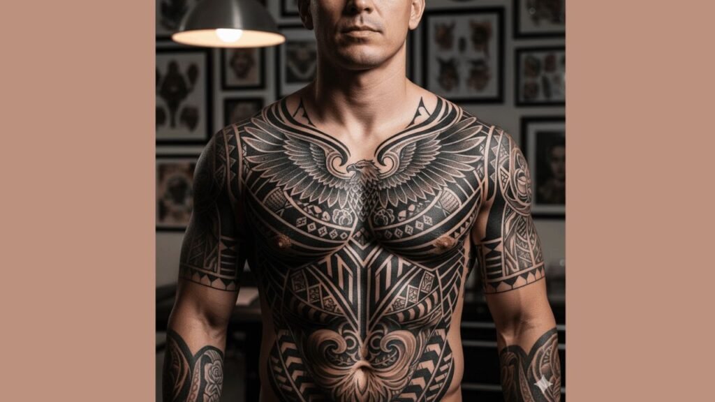 Blackwork chest tattoo with bold geometric and tribal patterns covering the upper chest, emphasizing masculine muscle definition.