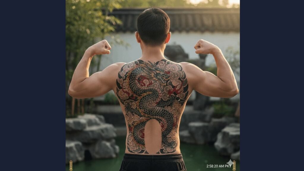 Chinese character spine tattoo on a man’s back featuring vertical script along the spine.
