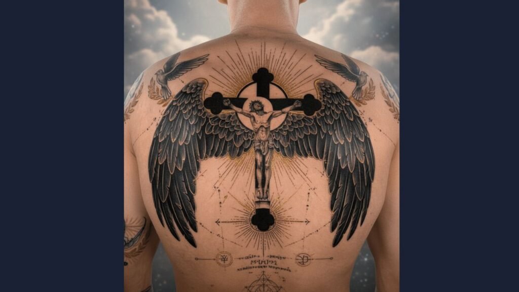 Geometric spine tattoo on a man’s back featuring triangles and symmetrical line patterns along the spine.