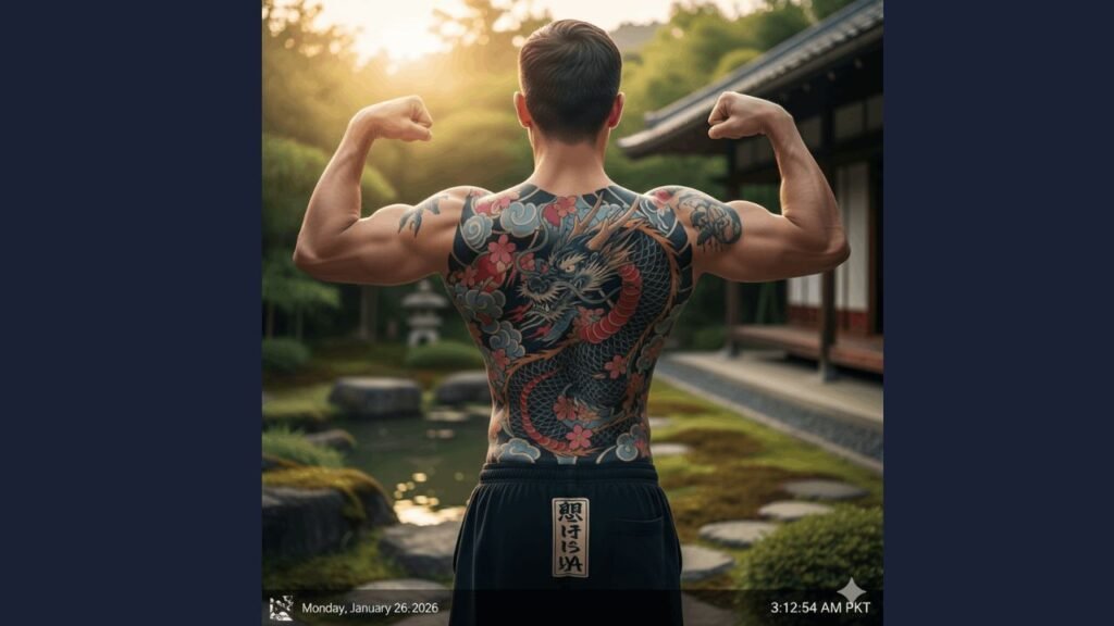 Japanese-style spine tattoo on a man’s back featuring koi fish and waves running vertically along the spine.