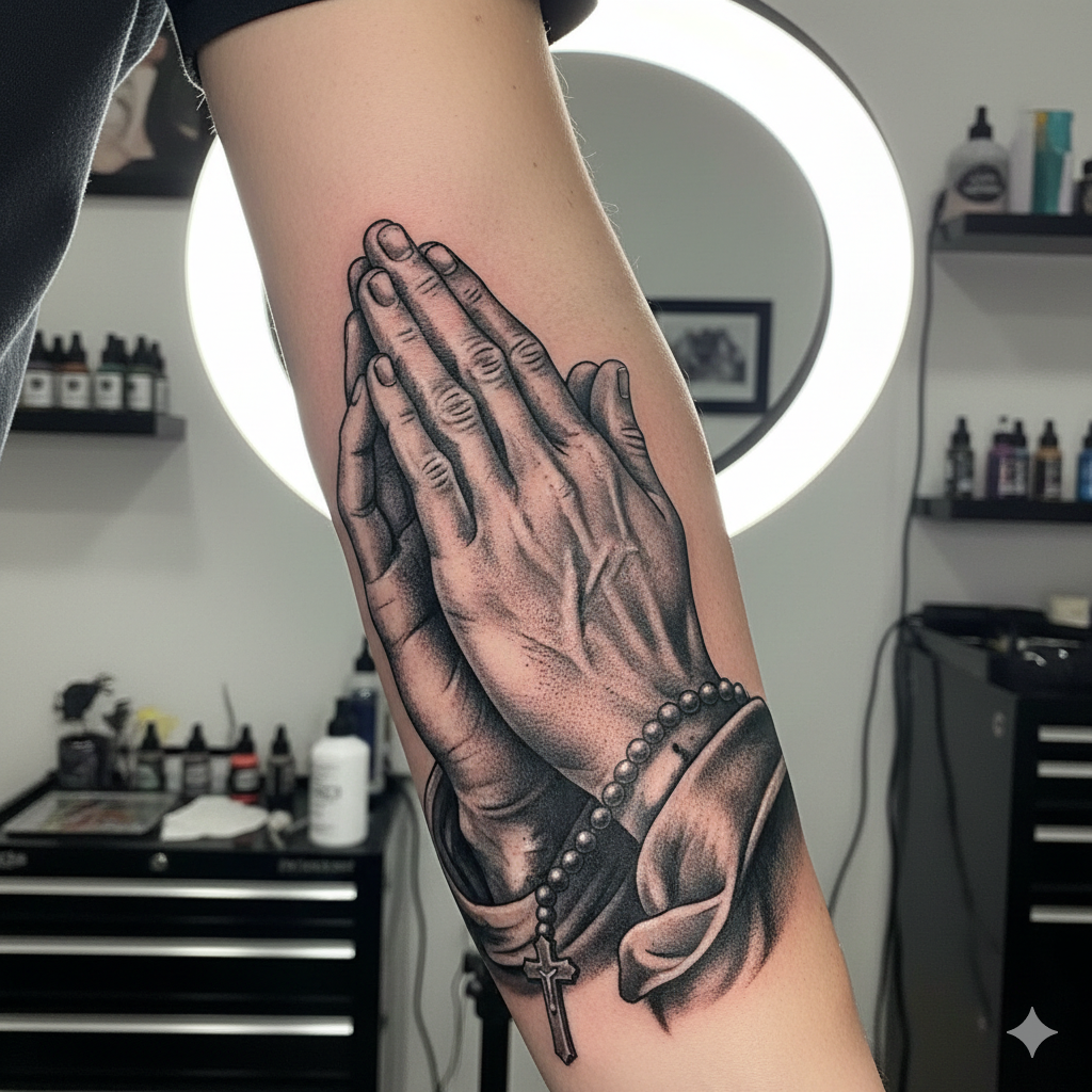 Masculine praying hands tattoo on the back or side of a man’s hand, symbolizing faith, hope, and spirituality.
