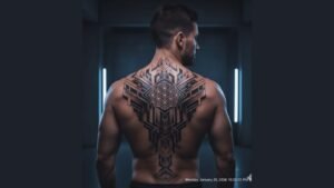 A geometric spine tattoo on a man’s back featuring triangles, cubes, and precise line patterns along the spine.