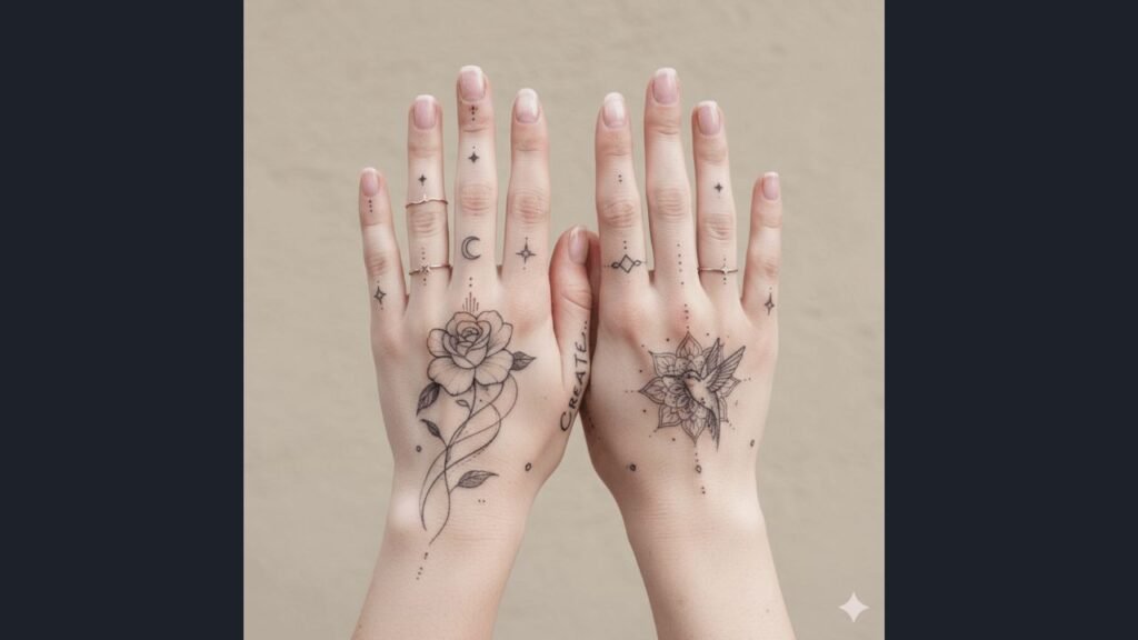 A delicate feminine hand tattoo featuring floral motifs and small butterflies on the back of a woman’s hand.