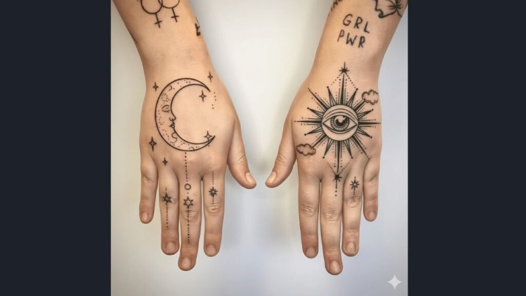 A minimal hand tattoo on a woman’s hand featuring tiny arrows and stars, placed on the side of the hand.