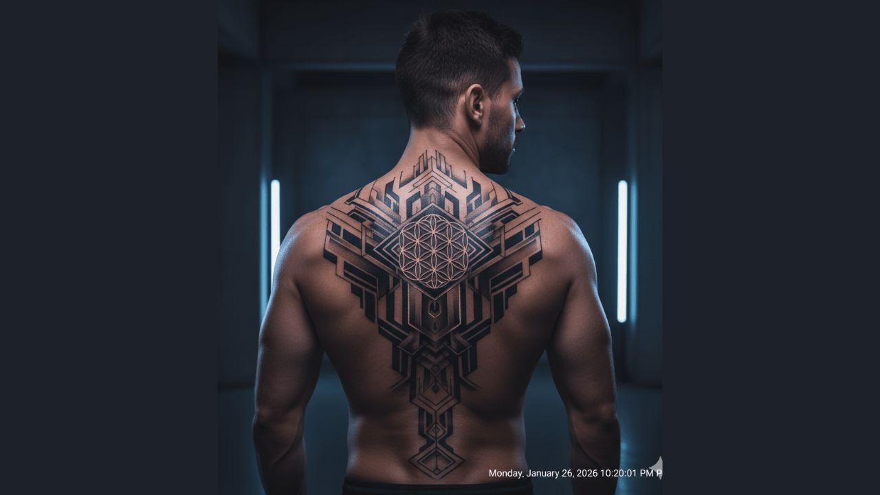 A geometric spine tattoo on a man’s back featuring triangles, cubes, and precise line patterns along the spine.
