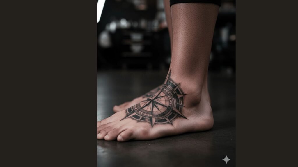 Minimalist foot tattoo featuring small symbols and initials on the top of the foot