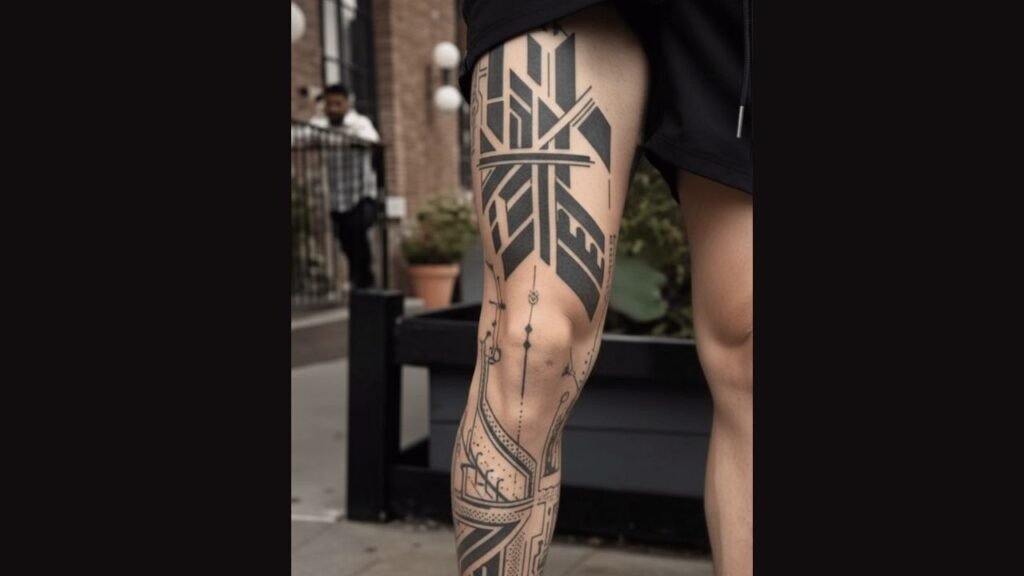 Full leg sleeve tattoo featuring a detailed dragon and geometric design flowing from thigh to calf for a bold masculine look.