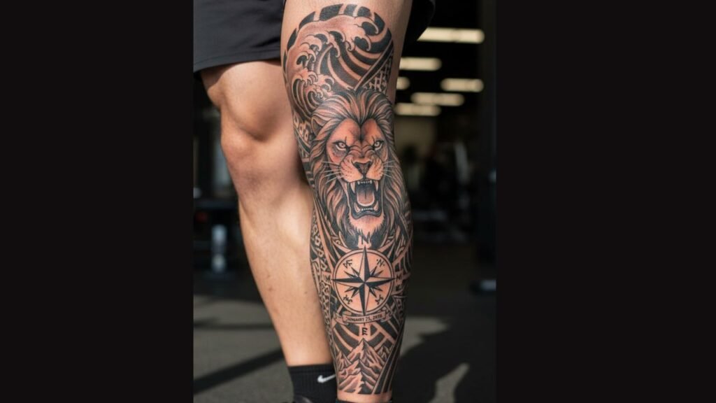 Men’s calf tattoo featuring a bold skull and abstract design on the outer calf, emphasizing strength and masculine style.