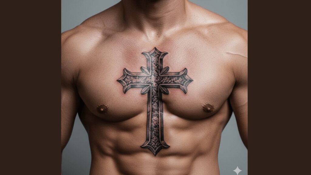 “Chest cross tattoo design on a muscular male chest, symbolizing faith and strength.”