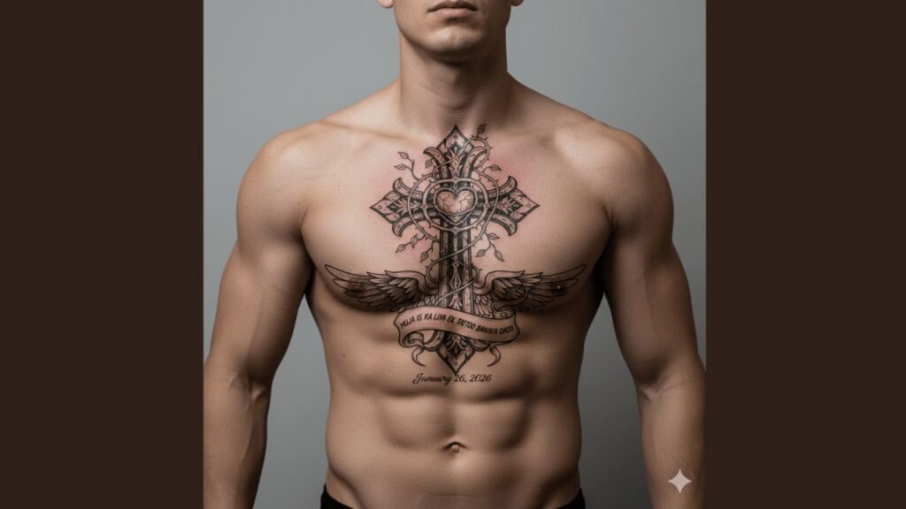 “Artistic chest tattoo drawing on a man’s chest, featuring detailed sketch-style design.”