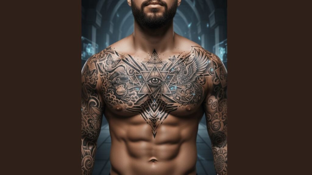 “Full chest tattoo on a muscular man featuring bold dragon and geometric designs.”