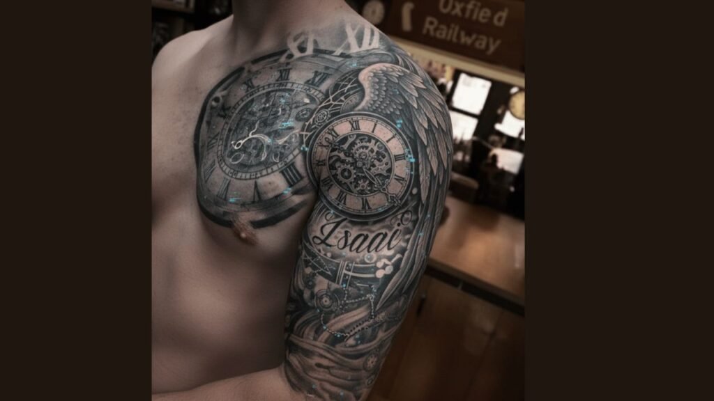 Shoulder to chest tattoo for men featuring a bold masculine design flowing from the shoulder across the upper chest muscles.