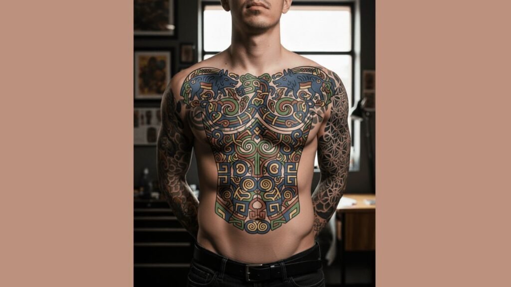 Pictish men tattoo featuring ancient tribal symbols and intricate patterns symbolizing strength, heritage, and masculinity.