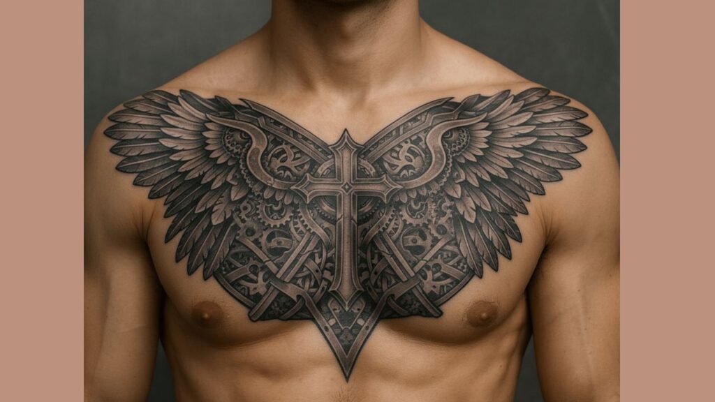 Chest tattoo pain chart showing sensitive areas like the sternum and ribs compared to less painful upper chest placement.