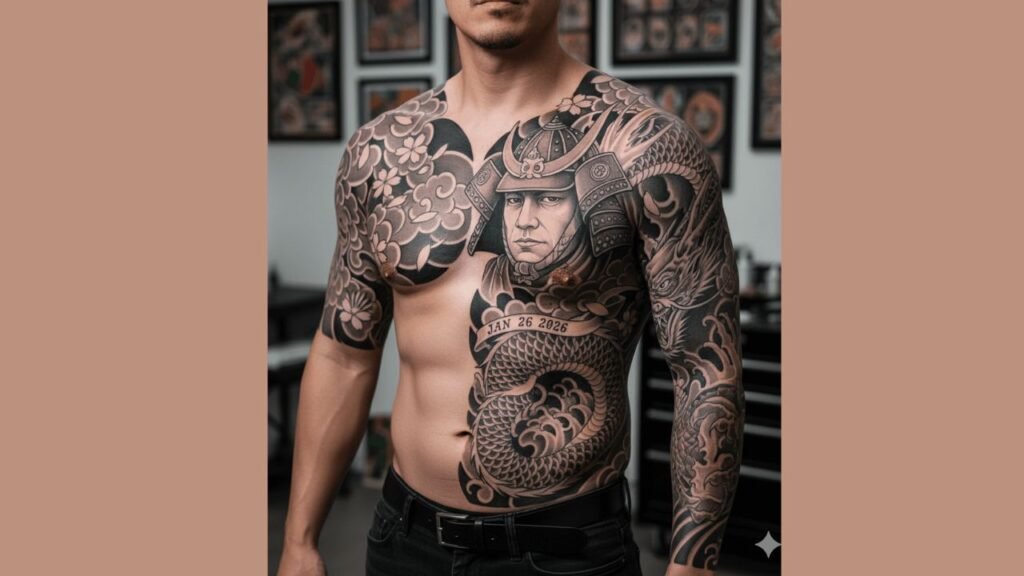 Half sleeve chest tattoo for men featuring a bold design flowing from the shoulder across the upper chest with strong masculine detail.