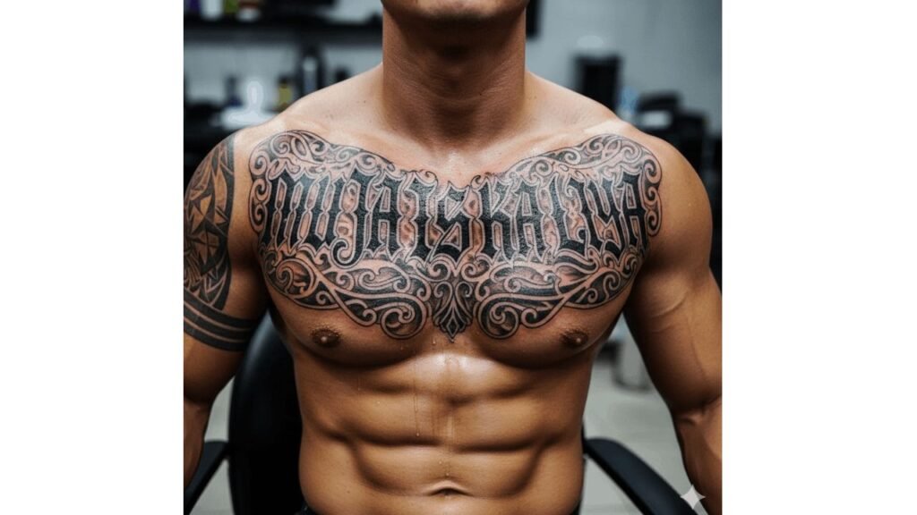 Full chest lettering tattoo featuring bold text across both pecs with a meaningful quote, emphasizing strength and symmetry.
