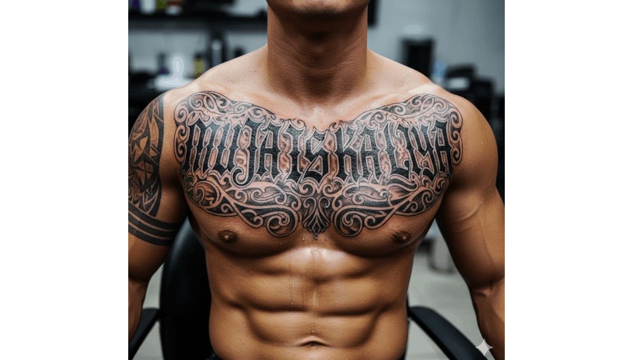 Full chest lettering tattoo featuring bold text across both pecs with a meaningful quote, emphasizing strength and symmetry.