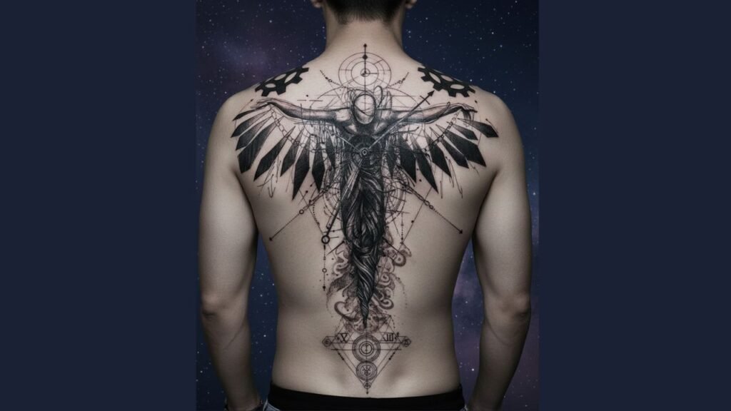 Spine tattoo on a man’s back featuring a bold vertical design along the spine.