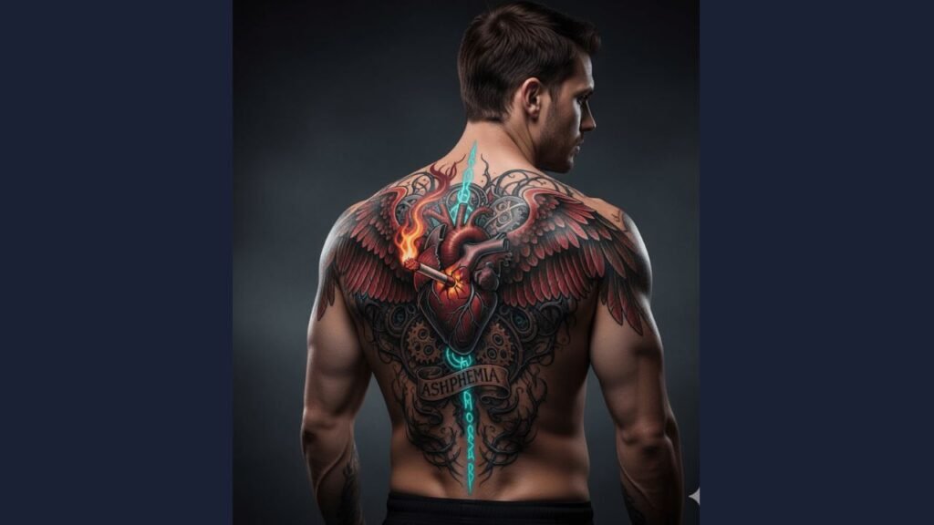 A bold masculine spine tattoo on a man’s back featuring a skull and tribal design along the spine.