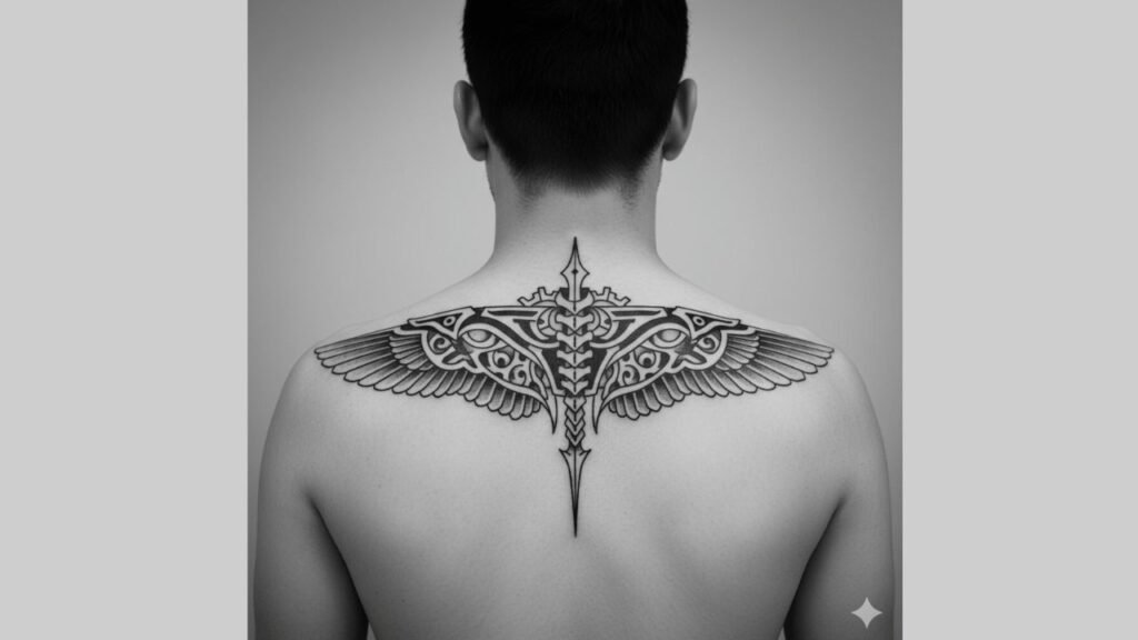 Upper back spine tattoo for men featuring a bold design extending from the neck to mid-back