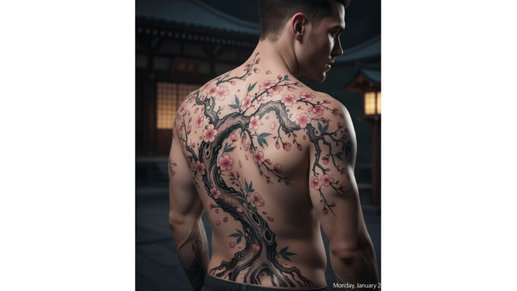 A masculine spine tattoo featuring cherry blossom branches and flowers running vertically along the back.
