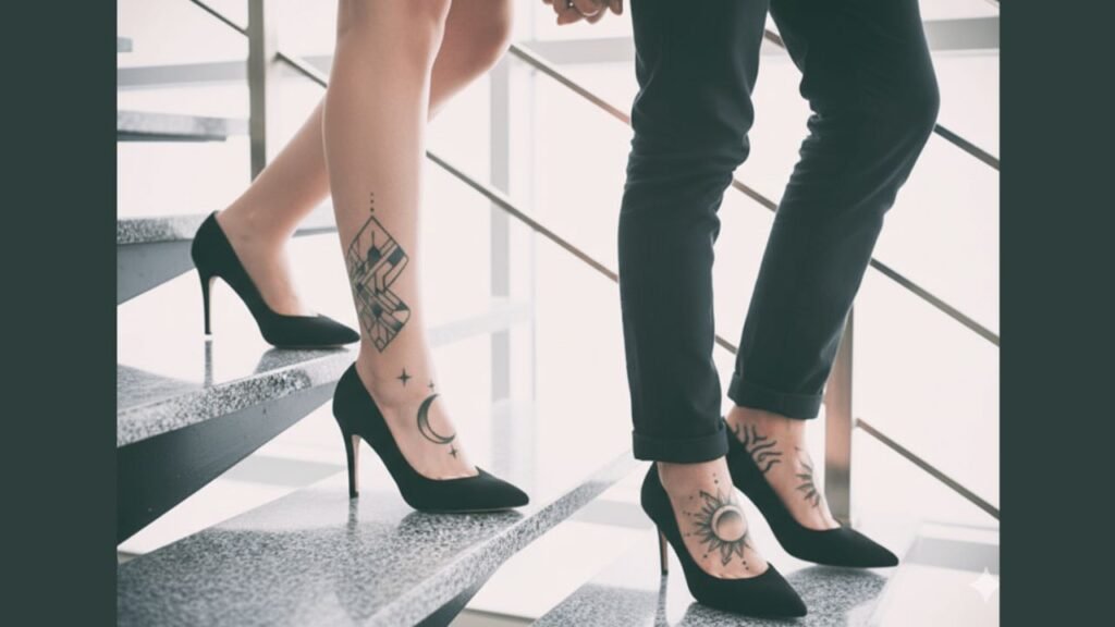 A woman with a delicate lower leg tattoo featuring a small floral design on her calf.