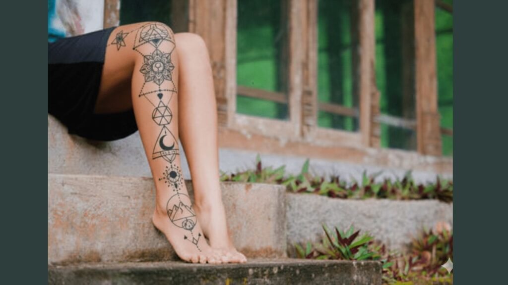 A woman showing a classy feminine leg tattoo with fine-line floral and lace design on her outer thigh.