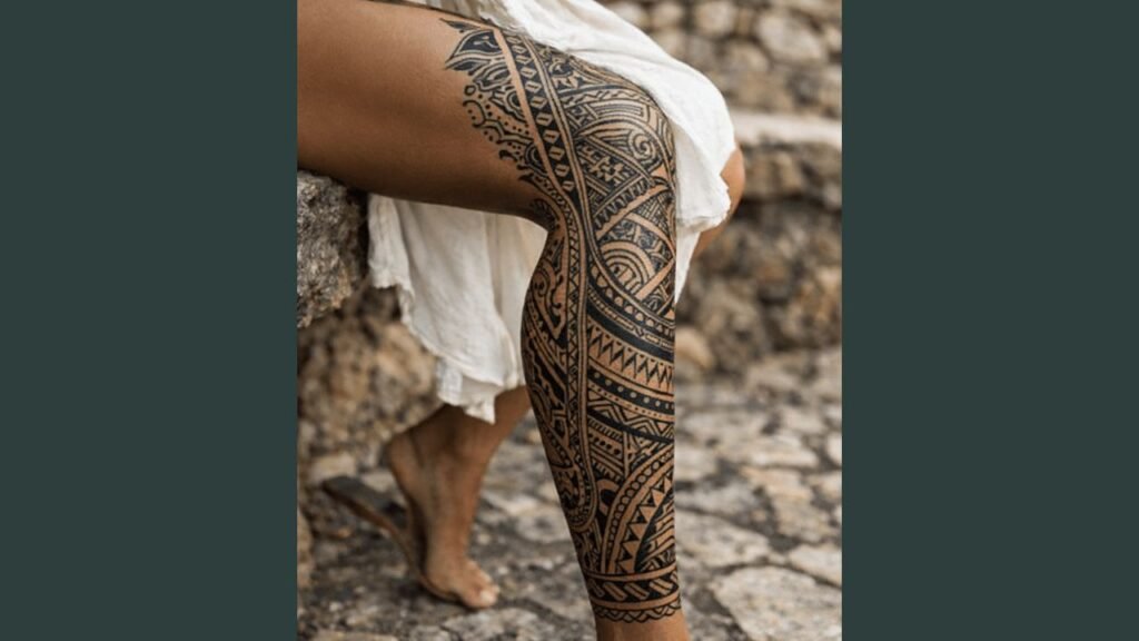 A woman with a side leg tattoo featuring a vertical floral design along her outer thigh.