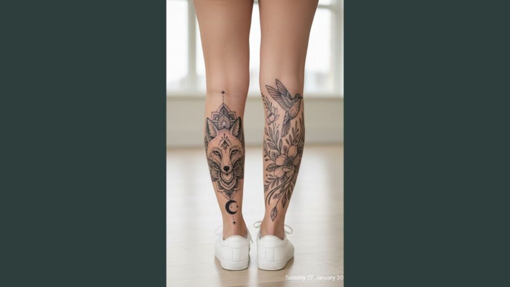 A woman with a bottom leg calf tattoo featuring a floral and geometric design on the back of her calf.