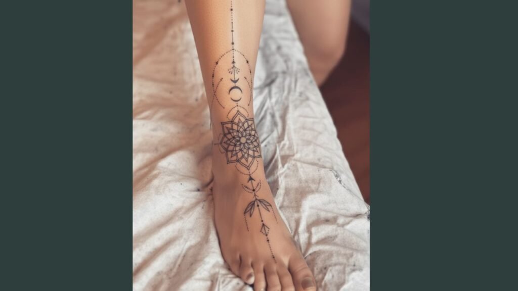 A woman with a flower leg tattoo featuring roses and lilies along her thigh and calf.