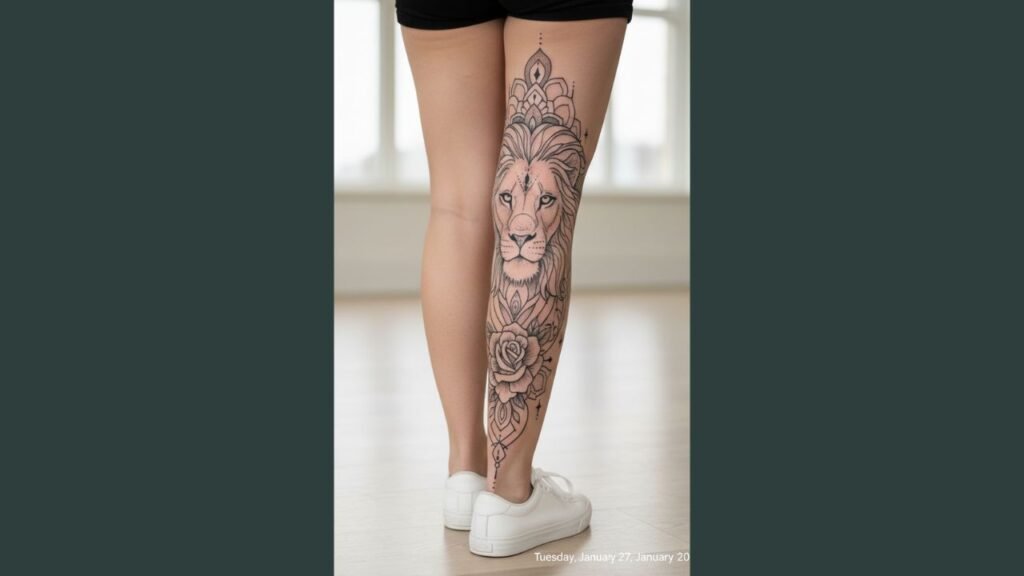 A woman with a realistic lion leg tattoo on her outer thigh, showing strength and elegance.