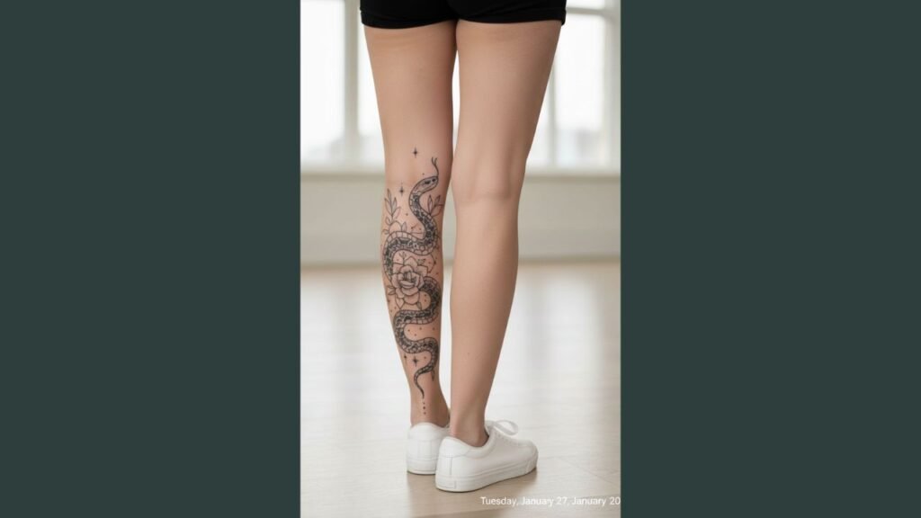 A woman with a snake leg tattoo wrapping along her outer thigh, showcasing a sleek and bold design.