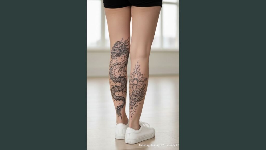A woman with a dragon leg tattoo coiling along her outer thigh, showing power and elegance.