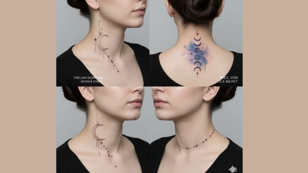Moon and star neck tattoo for women featuring a crescent moon with stars symbolizing guidance and dreams.