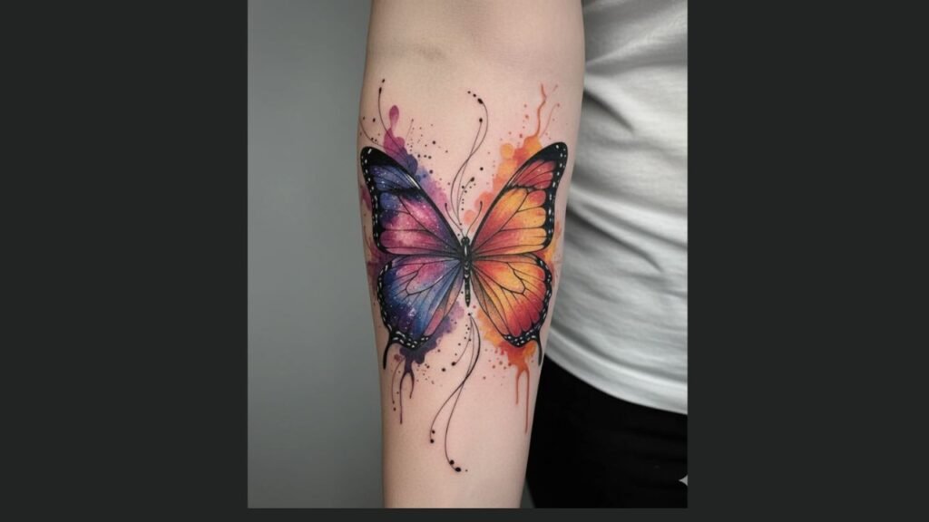 Two butterflies tattoo with mirrored style and overlapping colorful wings