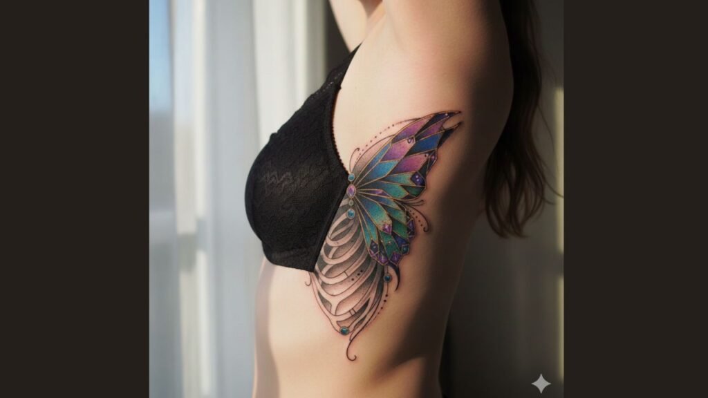 Butterfly rib tattoo with large flowing wings and delicate shading on woman’s side body