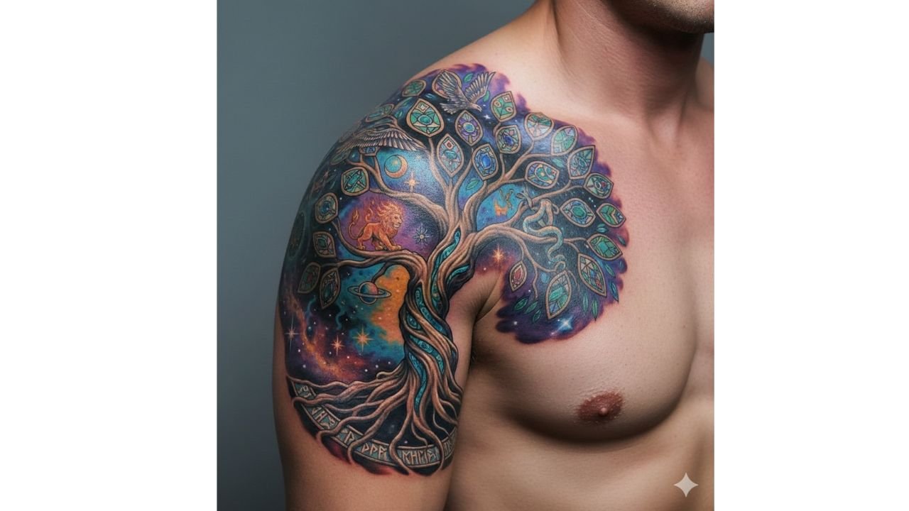 Shoulder Tree of Life tattoo with soft curved wrap and delicate leaf detailing for women