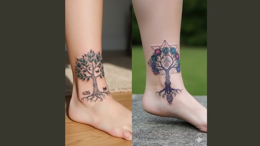 Tiny ankle Tree of Life tattoo with small roots and branches outline