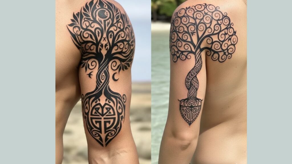 Tribal Tree of Life tattoo with bold roots and thick swirling branches
