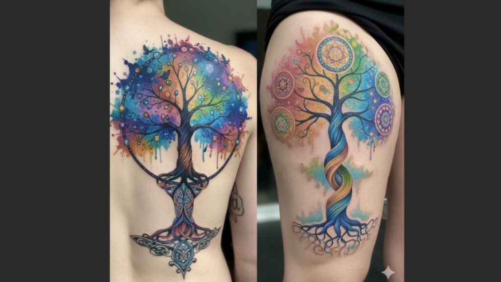 Colorful Tree of Life tattoo with vibrant multicolor branches and rainbow leaves