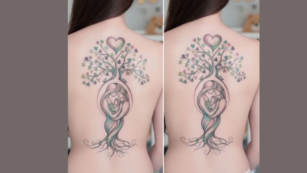 Mother and child Tree of Life tattoo with child silhouette in branches