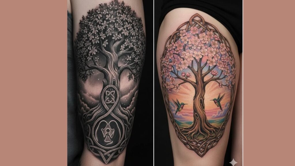 Realistic Tree of Life tattoo with detailed bark texture and shadowed roots