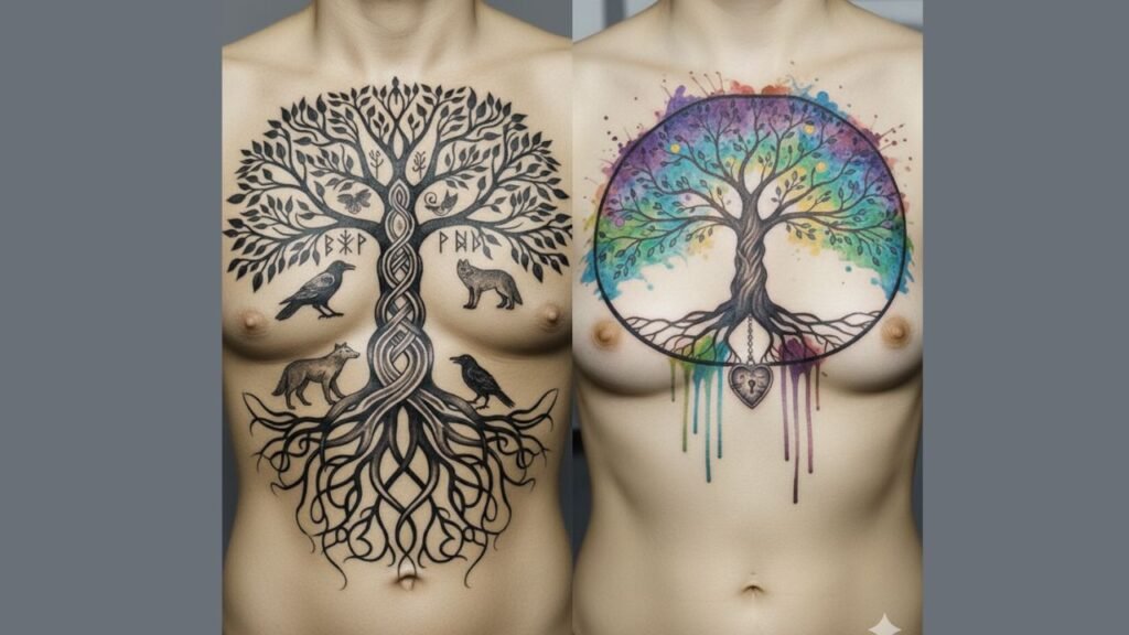Chest Tree of Life tattoo with centered and side-flowing design for women
