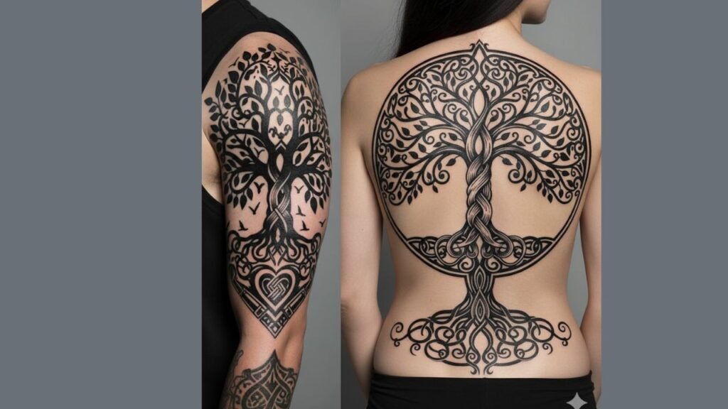 Bold black ink Tree of Life tattoo with deep roots and thick silhouette branches