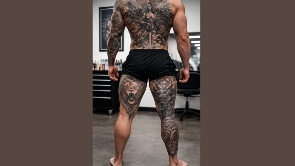 Man with full back angel tattoo and roaring lion thigh tattoos in black and grey realism style.