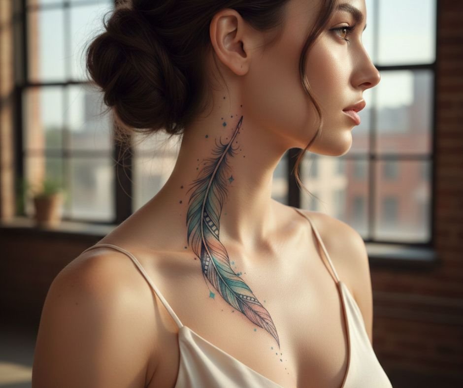 Elegant women’s feather neck tattoo in soft pastel colors, highlighting feminine style and subtle elegance.