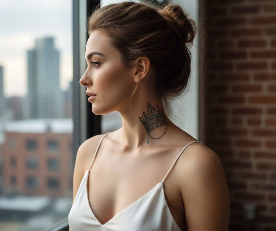 Elegant women’s crown neck tattoo with fine details, symbolizing strength and royalty, in a feminine style.