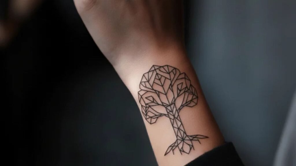 Minimalist Tree of Life tattoo in fine line art on a woman’s wrist symbolizing balance, growth, and spiritual connection.