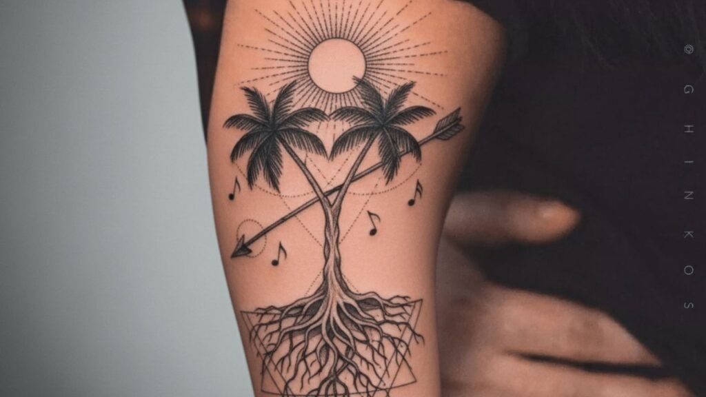 Feminine floral Tree of Life tattoo with roses and mandala petals symbolizing love, growth, and spiritual harmony.