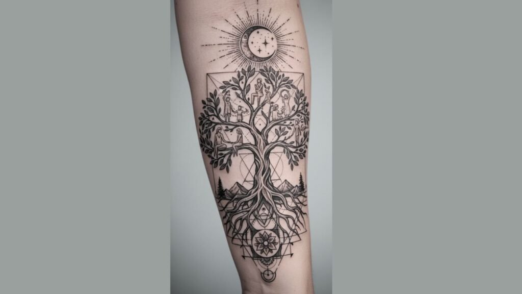 Elegant Tree of Life tattoo on a woman’s back with flowing branches along the spine symbolizing strength and transformation.